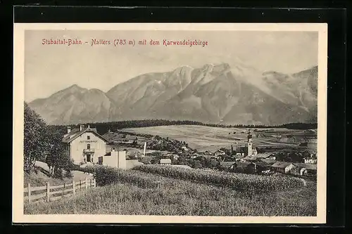 AK Natters, Stubaital-Bahn mit dem Karwendelgebirge