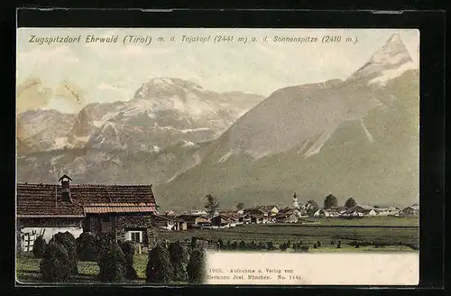 AK Ehrwald, Berghütten mit Blick auf Tajakopf und Sonnenspitze