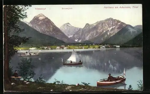 AK Pertisau, Boote auf Achensee mit Tristenkopf und Sonnenjoch