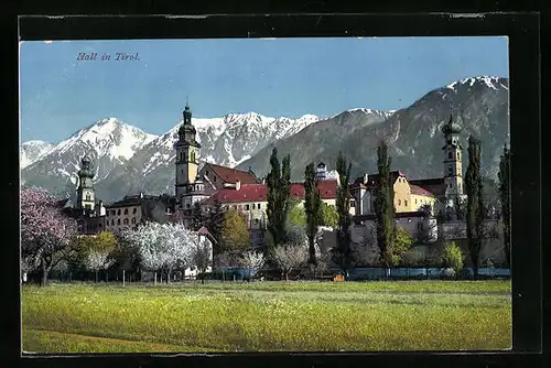 AK Hall, Ortspartie an den Feldern mit Rathaus