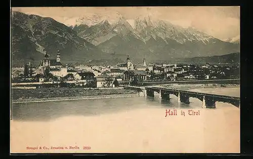 AK Hall, Partie an der Flussbrücke mit Bergen