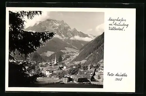 AK Mayrhofen, Ortspartie mit Grünberg im Zillertal