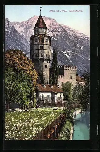 AK Hall i. T., Uferpartie mit Blick zum Münzturm