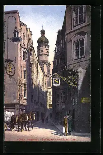 AK Innsbruck, Strassenpartie der Seilergasse mit Stadtturm