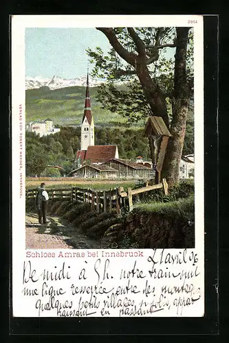 AK Innsbruck, Wegkreuz mit Blick zum Schloss Amras