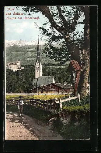 AK Innsbruck, Wegkreuz mit Blick zum Schloss Amras