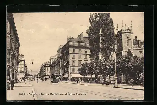 AK Genève, Rue du Mont-Blanc et Eglise Anglaise, Strassenbahn