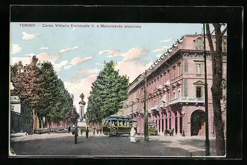 AK Torino, Corso Vittorio Emanuele II. e Monumento omonimo, Strassenbahn