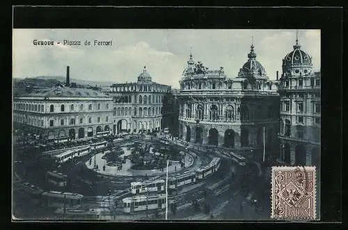 AK Genova, Piazza de Ferrari, Strassenbahn