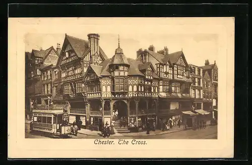 AK Chester, The Cross, Strassenbahn