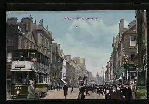 AK Glasgow, Argyle Street mit Strassenbahn