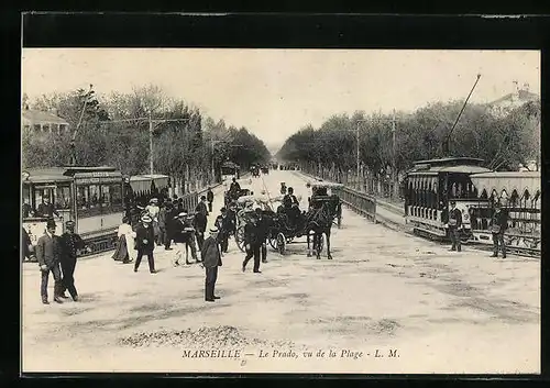 AK Marseille, Le Prado, vu de la Plage, Strassenbahn