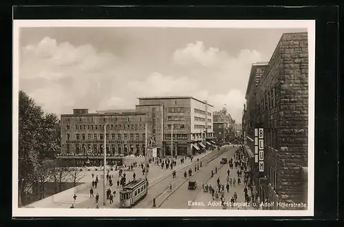 AK Essen, platz, strasse, Strassenbahn