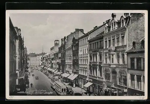 AK Saarbrücken, Strasse mit Strassenbahn