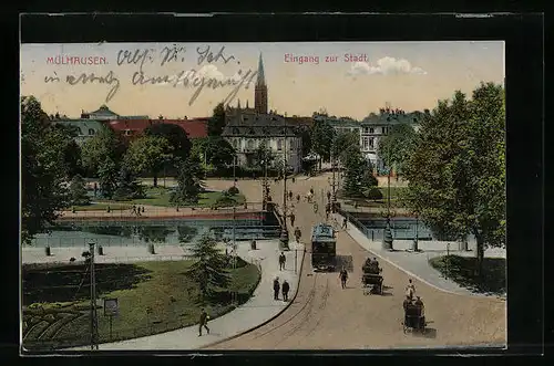 AK Mülhausen, Blick auf den Eingang zur Stadt, Strassenbahn