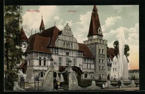 AK Bernburg a. S., Frontalansicht des Kurhauses mit Springbrunnen