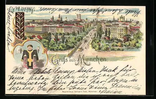 Lithographie München, Teilansicht mit Strasse, Münchener Kindl