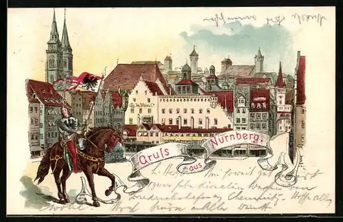 Lithographie Nürnberg, Ortspartie mit Ritter