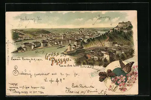 Lithographie Passau, Ortsansicht aus der Vogelschau