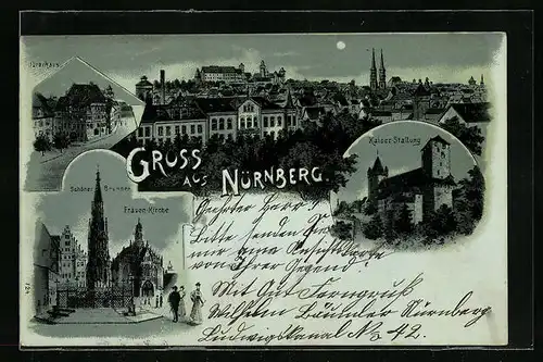 Mondschein-Lithographie Nürnberg, Teilansicht, Dürerhaus, Schöner Brunnen, Kaiser-Stallung
