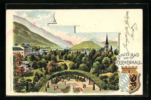 Lithographie Bad Reichenhall, Teilansicht mit Kurpark, Wappen der Stadt
