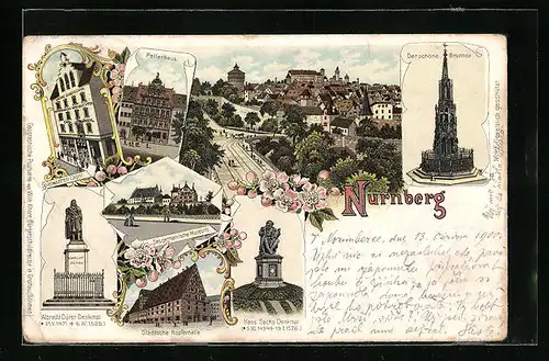 Lithographie Nürnberg, Teilansicht mit Strasse, Pellerhaus, Städtische Hopfenhalle, Spelwaaren-Lager