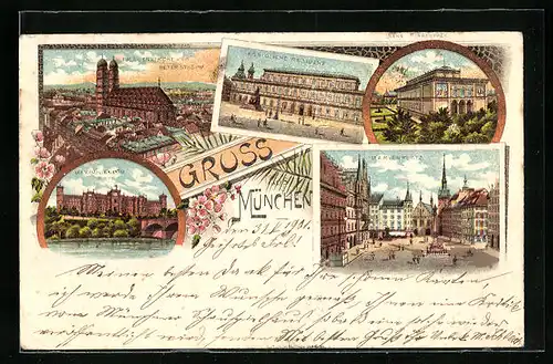 Lithographie München, Frauenkirche vom Petersturm, Residenz, Marienplatz