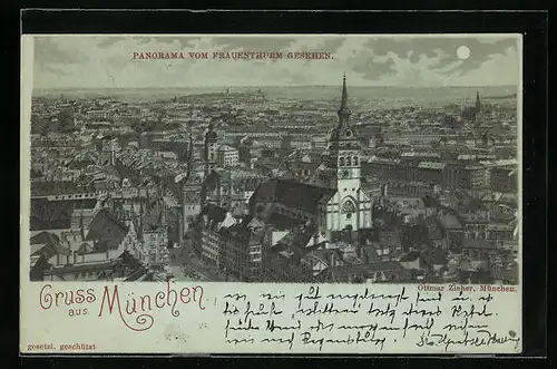 Mondschein-AK München, Panorama vom Frauenthurm gesehen