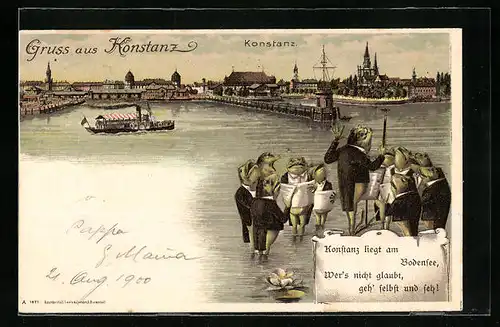 Lithographie Konstanz, Panorama der Stadt vom Bodensee aus, Froschchor