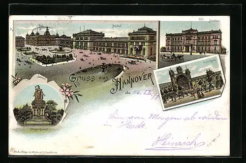 Lithographie Hannover, Bahnhof und Umgebung, Tivoli-Garten, Ständehaus