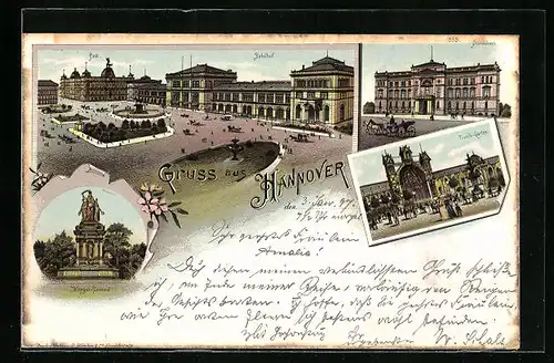 Lithographie Hannover, Bahnhof mit Vorplatz und Anlagen, Tivoli-Garten, Ständehaus