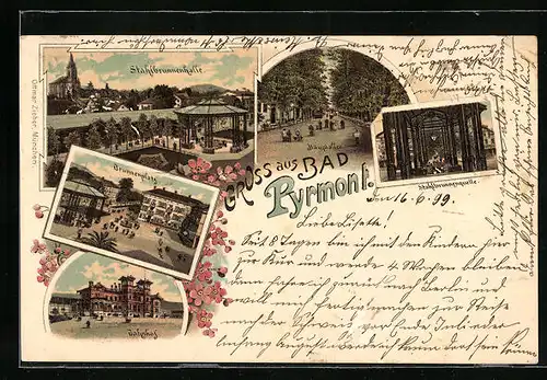 Lithographie Bad Pyrmont, Stahlbrunnenhalle, Brunnenplatz, Bahnhof