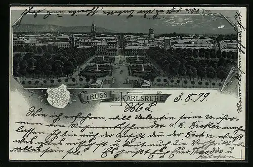 Mondschein-Lithographie Karlsruhe, Teilansicht aus der Vogelschau, Wappen Fidelitas