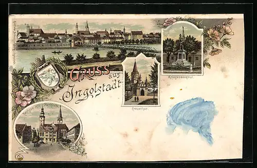 Lithographie Ingolstadt, Teilansicht, Kreuzthor, Kriegerdenkmal, Wappen