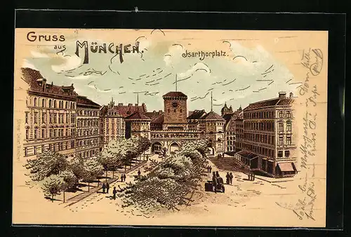 Lithographie München, Isarthorplatz von oben gesehen