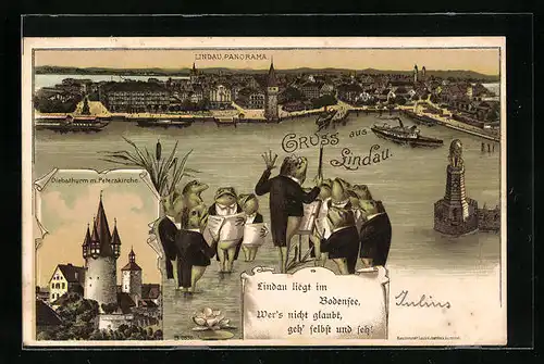Lithographie Lindau, Panorama der Stadt, Diebsthurm mit Peterskirche, Frosch-Chor