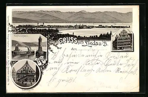 Lithographie Lindau, Ortsansicht, Hafeneinfahrt mit Leuchtturm, Rathhaus