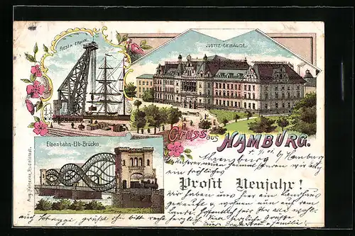 Lithographie Hamburg, Justiz-Gebäude und Eisenbahn-Elb-Brücke mit Glitzer an Gebäuden