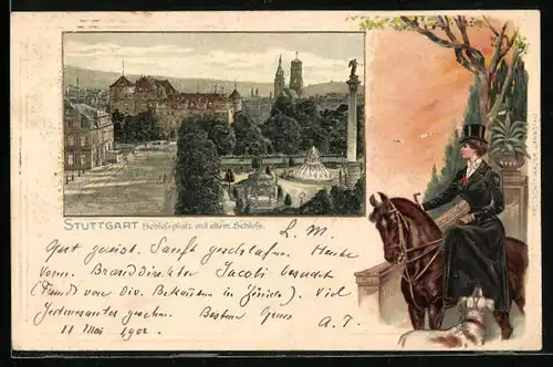 Passepartout-Lithographie Stuttgart, Schlossplatz mit altem Schloss
