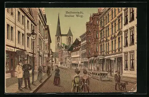 Lithographie Halberstadt, Breiter Weg mit Passanten