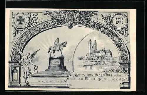 Lithographie Magdeburg, Ortsansicht mit Kaiser Wilhelm Denkmal