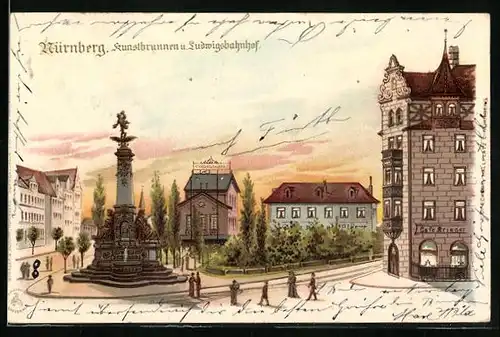 Lithographie Nürnberg, Cafe Krieger mit Kunstbrunnen und Ludwigsbahnhof