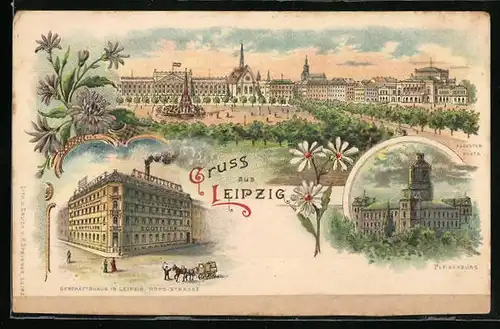 Lithographie Leipzig, Geschäftshaus S. Gottlieb in der Nord-Strasse, Pleisenburg