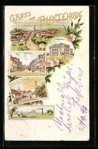 Lithographie Buxtehude, Breite Strasse, Baugewerkschule, Geest-Thor