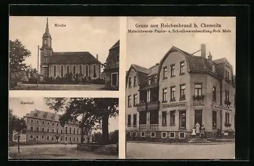 AK Reichenbrand b. Chemnitz, Kirche, Gasthof, Material-, Papier- und Schreibwarenhandlung Rich. Malz
