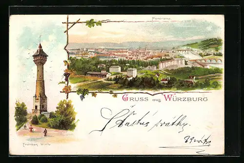 Lithographie Würzburg, Stadtpanorama, Franken Warte