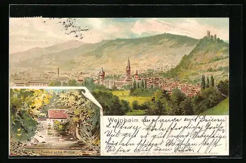 Lithographie Weinheim, Panorama der Stadt, Fuchs`sche Mühle