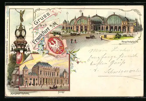 Lithographie Frankfurt a. M., Hauptbahnhof, Manskopf-Uhrturm