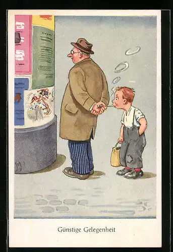 Künstler-AK Günstige Gelegenheit, Kleiner Junge raucht heimlich Zigarette eines Mannes