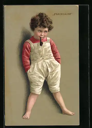 Künstler-AK Frechdachs, Kleiner Junge raucht Pfeife